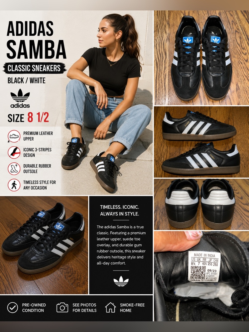 Adidas Samba OG Black White Gum Sneakers Women’s Size 8.5 Classic Leather Shoes